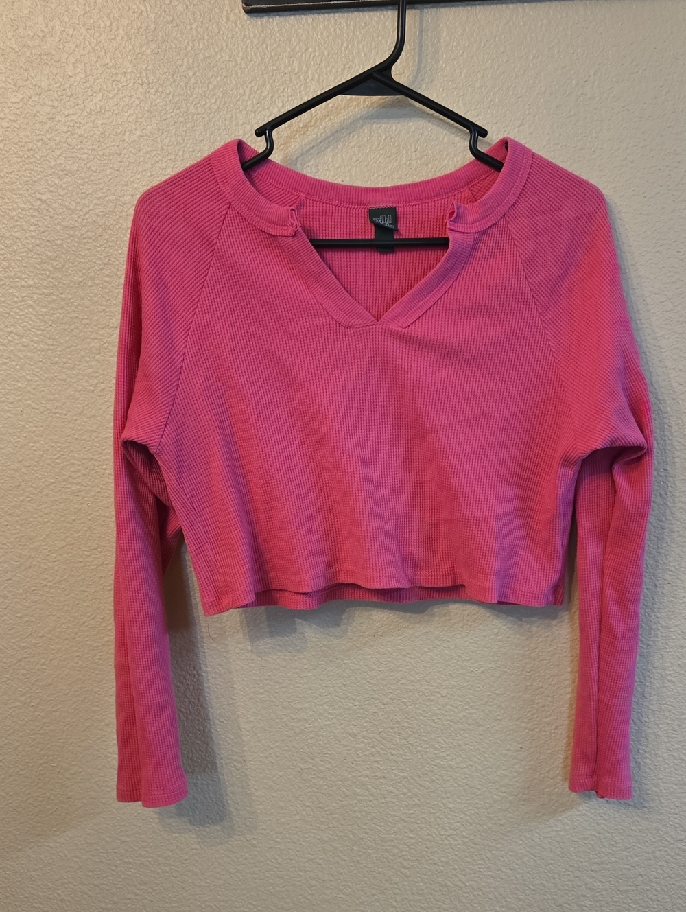 wild fable Hot Pink Cropped Waffle V-Neck Long Sleeve Top